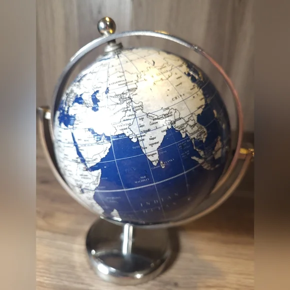 Small Rotating Globe Metal Sphere World Globe Blue Geography Desk Office Decor - Picture 3 of 9